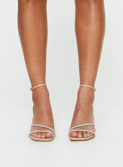 Heels Faux leather, strappy upper, open square toe, diamante encrusted straps, stiletto heel, ankle buckle fastening