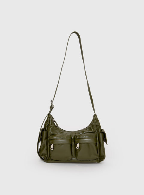 Olive coloured utility bag, crossbody design