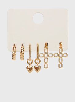 Gold toned earring pack Pack of three pairs, hoop design, stud & clasp fastening