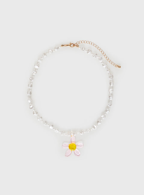 Gold-toned necklace Pearl detail, lobster clasp fastening, flower pendant