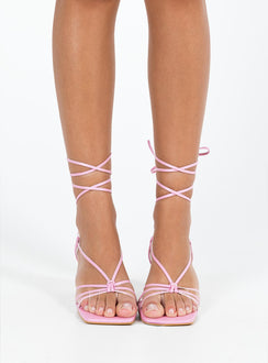 Pink heels Faux leather material Strappy upper Shaved block heel Square toe Ankle wrap fastening