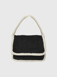 Shearling bag  Fixed shoulder strap, faux suede-like material, flat base