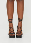 Black faux leather heels platform sole lace up