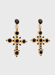Gold-toned earrings Cross design, gemstone detail, stud fastening