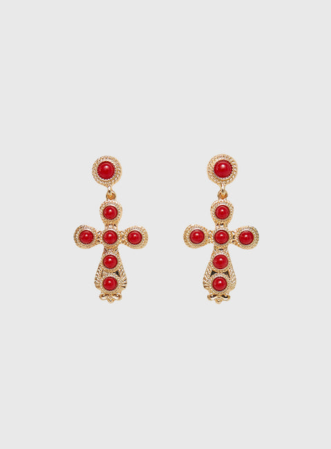 Oakwood Cross Earrings Gold / Red