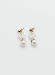 Earrings Gold toned Pearl detail Drop charm Stud fastening