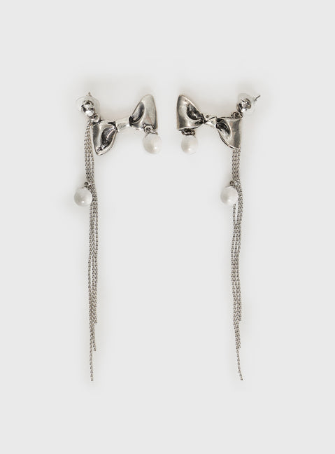 Earrings Bow & gem pendant, silver-toned, stud fastening Princess Polly Lower Impact 