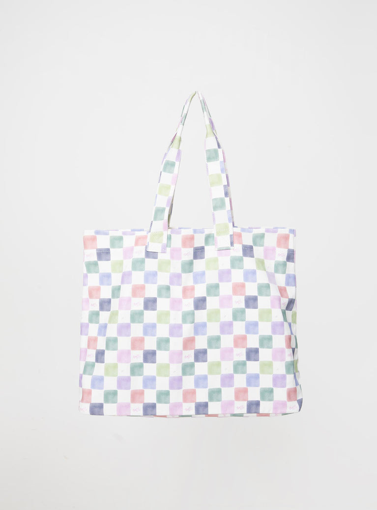 Tote bag multi check print Fixed shoulder straps open design one main compartment