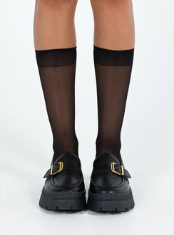 Loafer Faux leather material Gold toned buckle Rounded toe Platform base Padded footbed Treaded sole