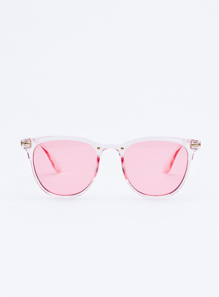 Sunglasses Rounded frame Lightweight design Pink tinted lenses Moulded nose bridge Metal arms