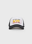 Trucker hat Graphic print , mesh back panels  Snap back fastening 