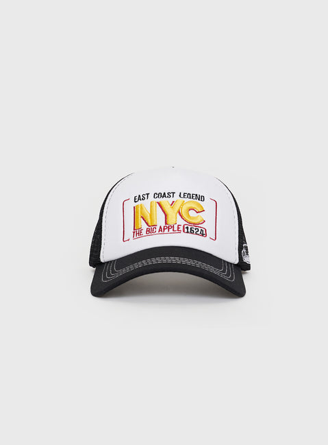 Trucker hat Graphic print , mesh back panels  Snap back fastening 
