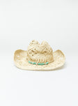 Cowboy hat Woven straw look  Adjustable drawstring Mouldable brim  Adjustable inner band 