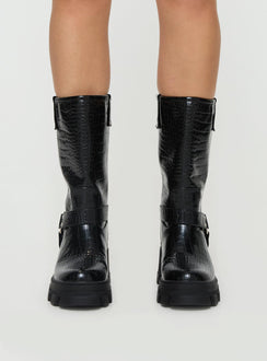 Black Faux croc leather knee-high boots Slip-on design, silver-toned buckles, rounded toe, treaded sole, padded footbed