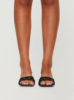 Faux leather heel Square toe, woven single strap upper, stiletto heel