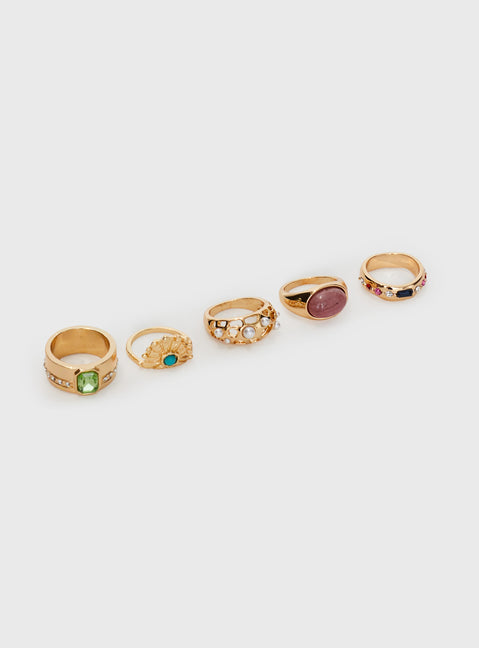 Ring pack  Five rings included, gold-toned, gemstone & pearl detail Princess Polly Lower Impact 