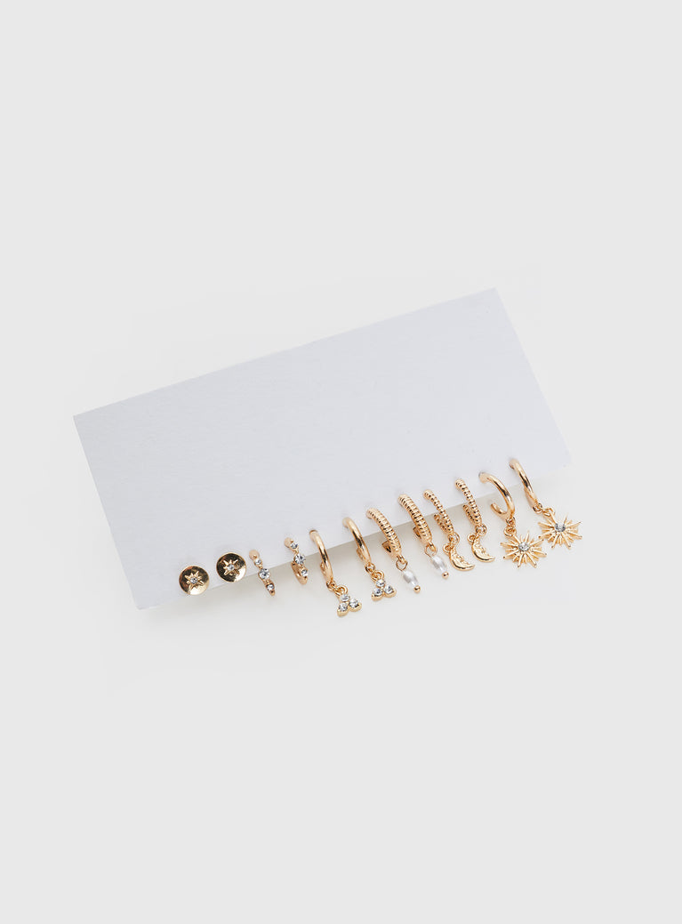 Gold-toned earring pack Pack of six pairs, stud fastening, hoop and stud design, drop charms