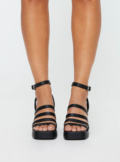 Heels Platform style, open toe, block heel, faux leather material, square open toe, thin upper straps, thin ankle strap with adjustable buckle fastening