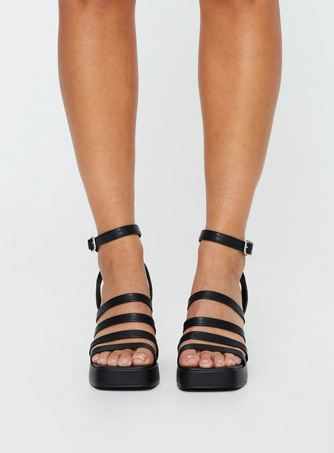 Heels Platform style, open toe, block heel, faux leather material, square open toe, thin upper straps, thin ankle strap with adjustable buckle fastening