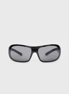 Sunglasses Molded nose bridge, smoke tinted lens, thick arms with red detail