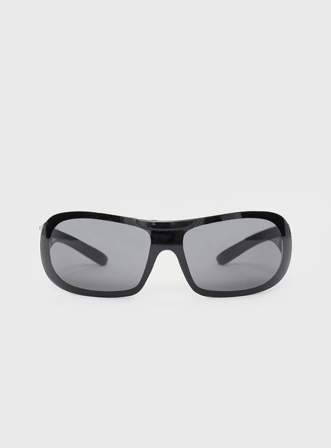 Sunglasses Molded nose bridge, smoke tinted lens, thick arms with red detail