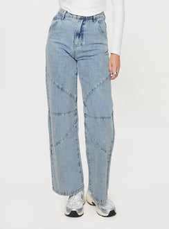 side view of model wearing Princess Polly Frenta Moto High Waisted Jeans Angel Blue High Waisted 