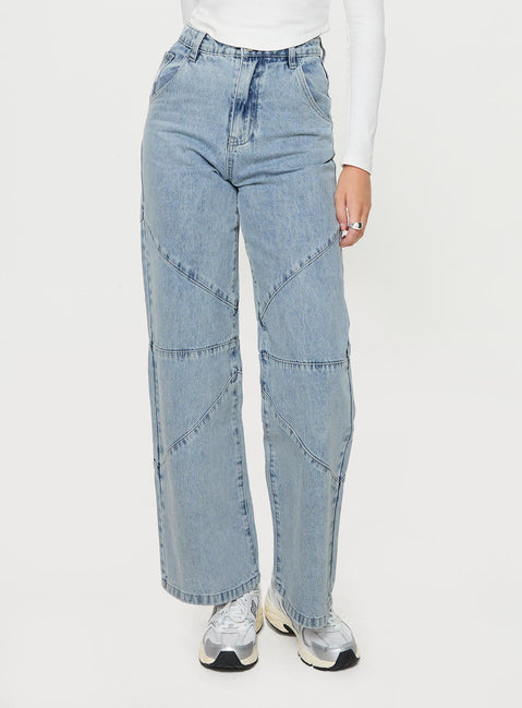 side view of model wearing Princess Polly Frenta Moto High Waisted Jeans Angel Blue High Waisted 