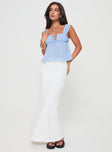 front view of model wearing Princess Polly Mooney Top Blue Sleeveless Square Neck 