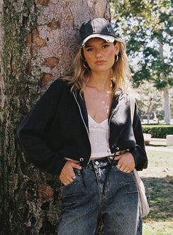 front view of model wearing Princess Polly Samwell Cropped Zip Up Hoodie Black Sand Cropped 