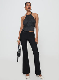 front view of model wearing Princess Polly Legacy Halter Top Onyx Sleeveless High Neck 