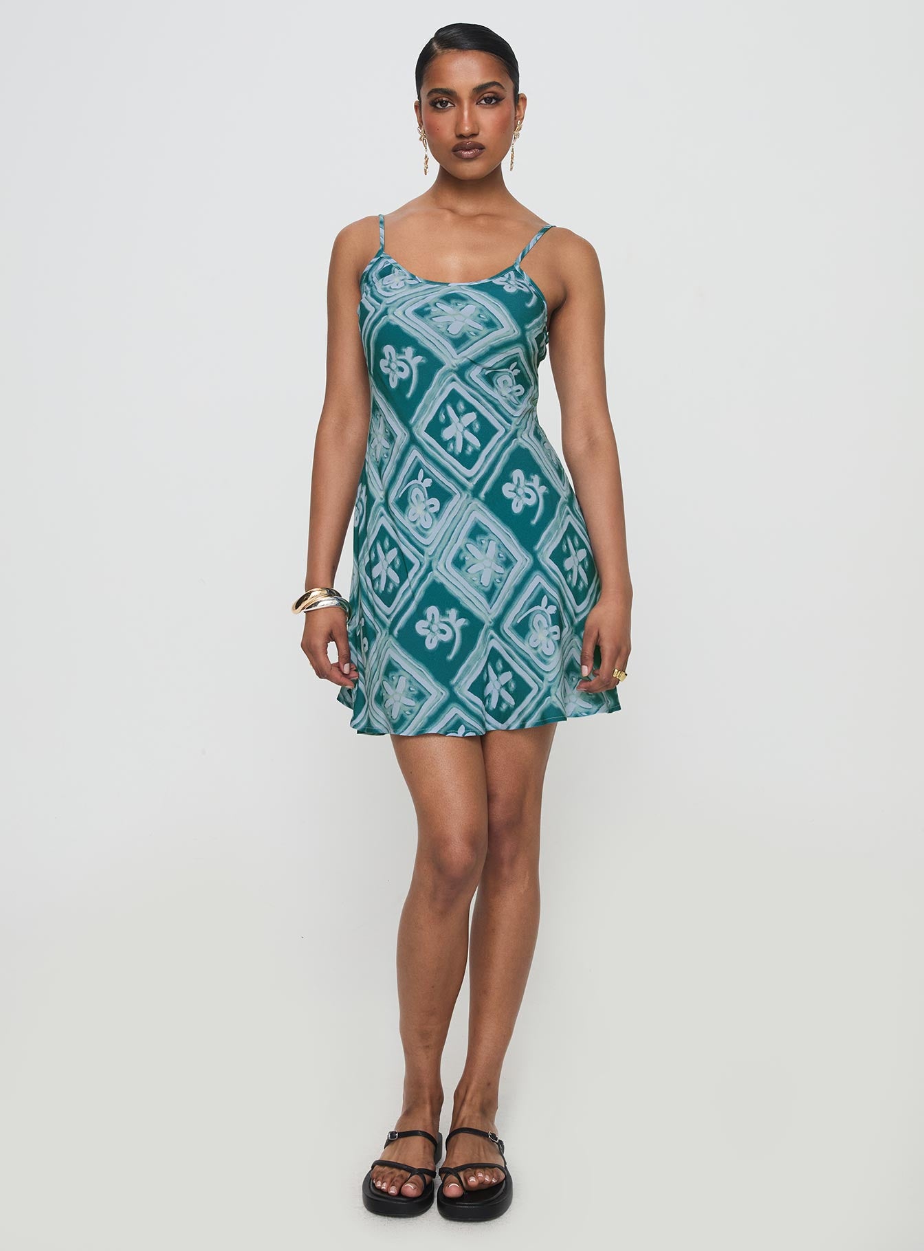 front view of model wearing Princess Polly Vittorio Bias Cut Mini Dress Blue Scoop Neck 