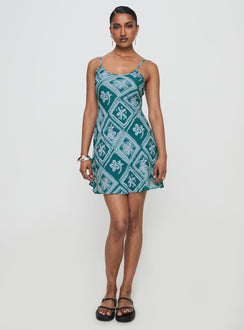 front view of model wearing Princess Polly Vittorio Bias Cut Mini Dress Blue Scoop Neck 