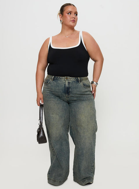 front view of model wearing Princess Polly Astrea Bodysuit Black / White Curve Sleeveless 