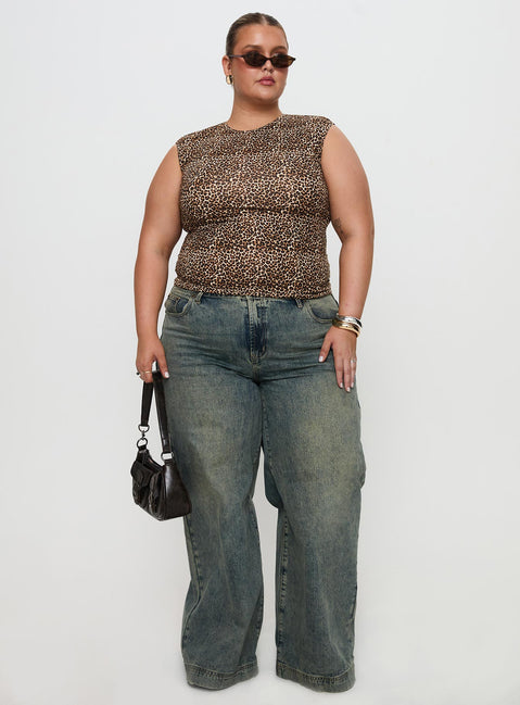 back view of model wearing Princess Polly Lure Top Leopard Curve Sleeveless Crew Neck 