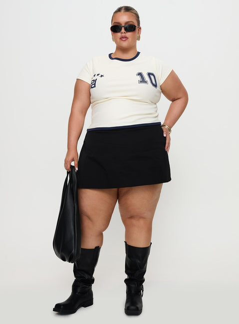 front view of model wearing Princess Polly Track Record Graphic Top Cream Curve Short Sleeves Crew Neck 