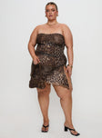 front view of model wearing Princess Polly Donelli Mini Dress Leopard Curve Straight Neck 