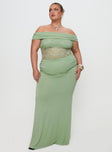 front view of model wearing Princess Polly Gwendolen Off The Shoulder Maxi Dress Green Curve Straight Neck 