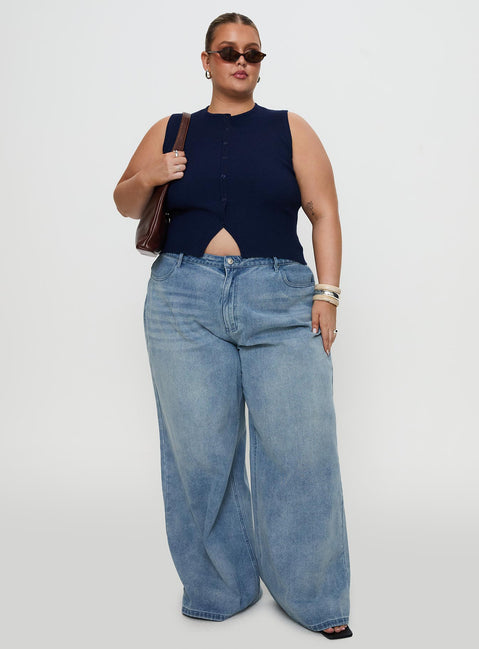 front view of model wearing Princess Polly Suzu Sleeveless Top Navy Curve Sleeveless Crew Neck 