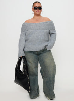 front view of model wearing Princess Polly Snowie Off Shoulder Knit Sweater Grey Curve 