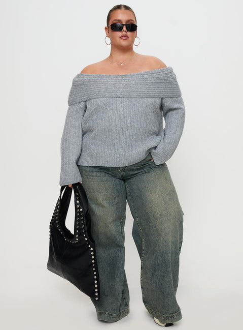 front view of model wearing Princess Polly Snowie Off Shoulder Knit Sweater Grey Curve 
