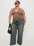 front view of model wearing Princess Polly Whimsy Halter Top Chocolate Curve Sleeveless Plunger 