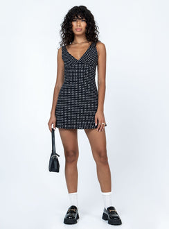 product Princess Polly Asymmetric Neckline  Nellie Mini Dress Black Polka Dot