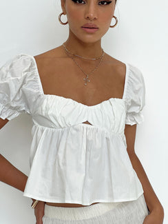 Front view of model wearing  front Princess Polly Short Sleeves Square Neck  Arbour Top White