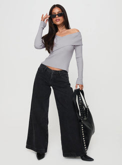 side view of model wearing Princess Polly Nolia Long Sleeve Top Grey Full Sleeves Asymmetric Neckline 