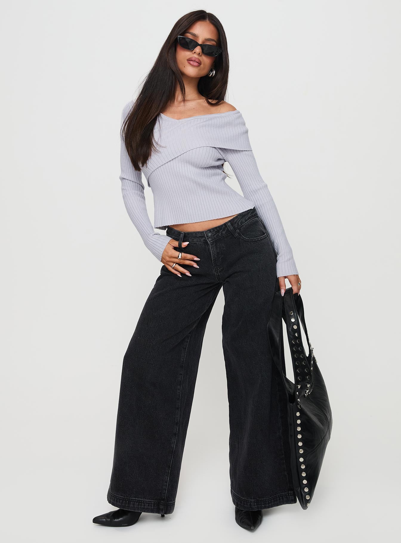 front view of model wearing Princess Polly Ribbon Stamp Wide Leg Jeans Washed Black Low Rise Jeans 