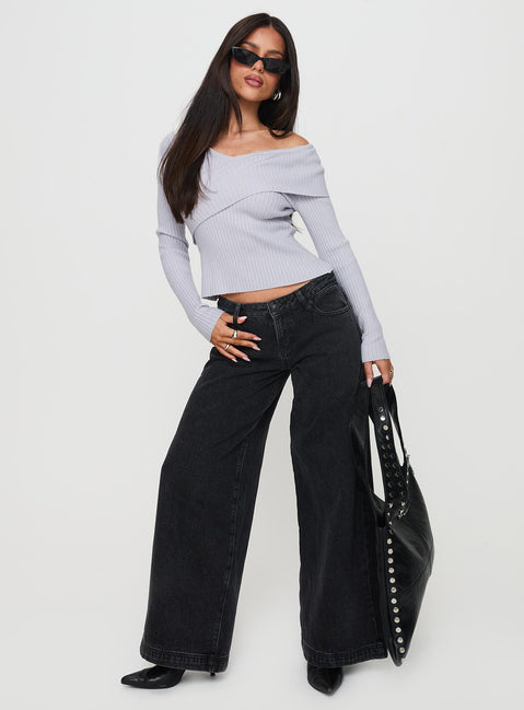 front view of model wearing Princess Polly Ribbon Stamp Wide Leg Jeans Washed Black Low Rise Jeans 
