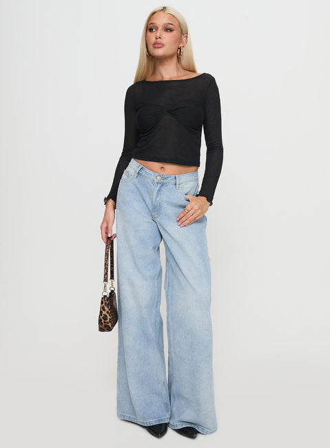 back view of model wearing Princess Polly November Long Sleeve Top Black Full Sleeves Boat Neck 