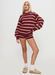 front view of model wearing Princess Polly Read Your Mind Knit Short Maroon Stripe Low Rise Shorts 