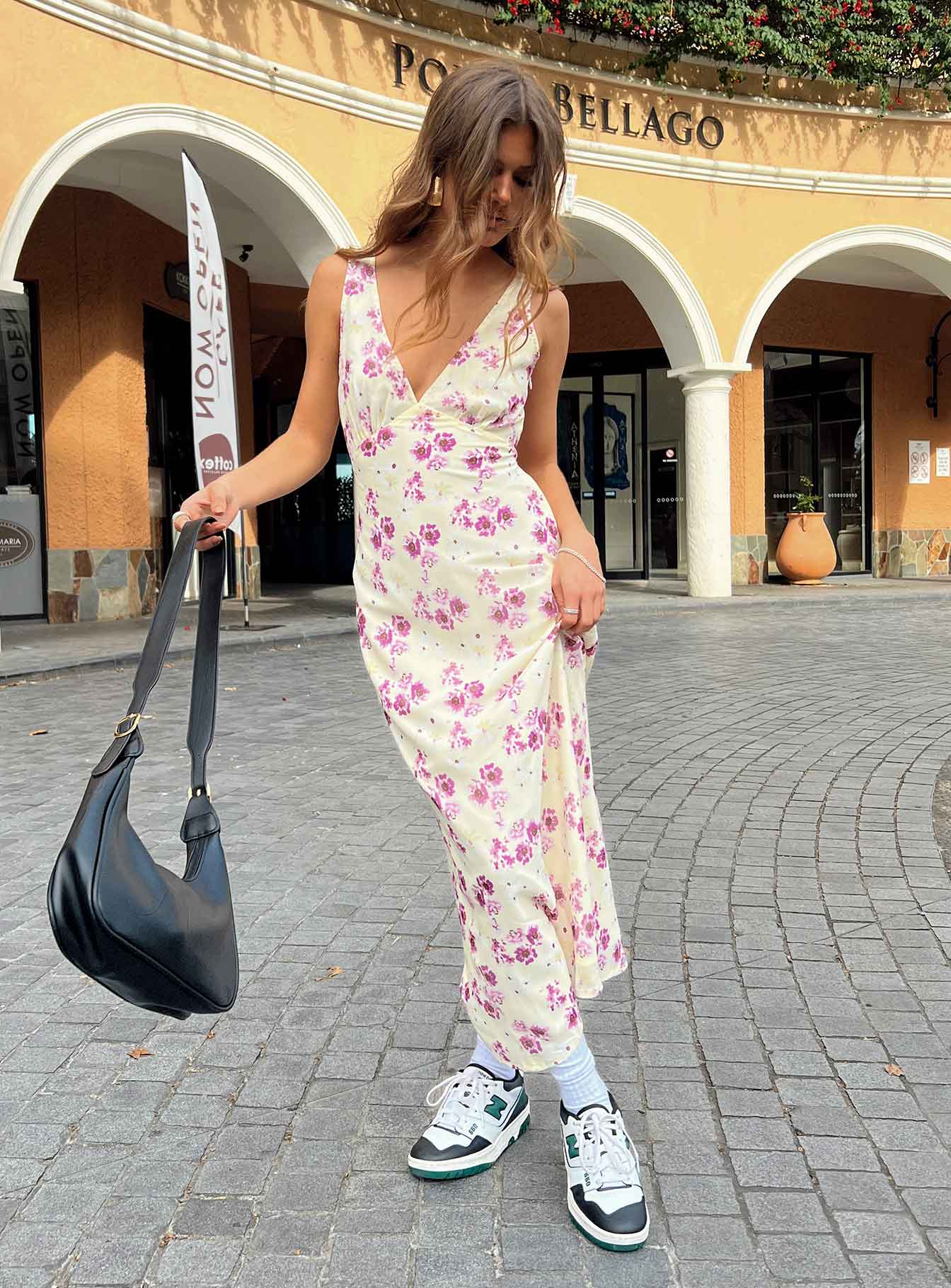 front view of model wearing Princess Polly Nellie Midi Dress Yellow Floral Petite Plunger 
