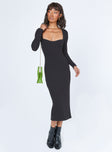 front view of model wearing Princess Polly Nolan Midi Dress Black Tall Sweetheart Neckline 